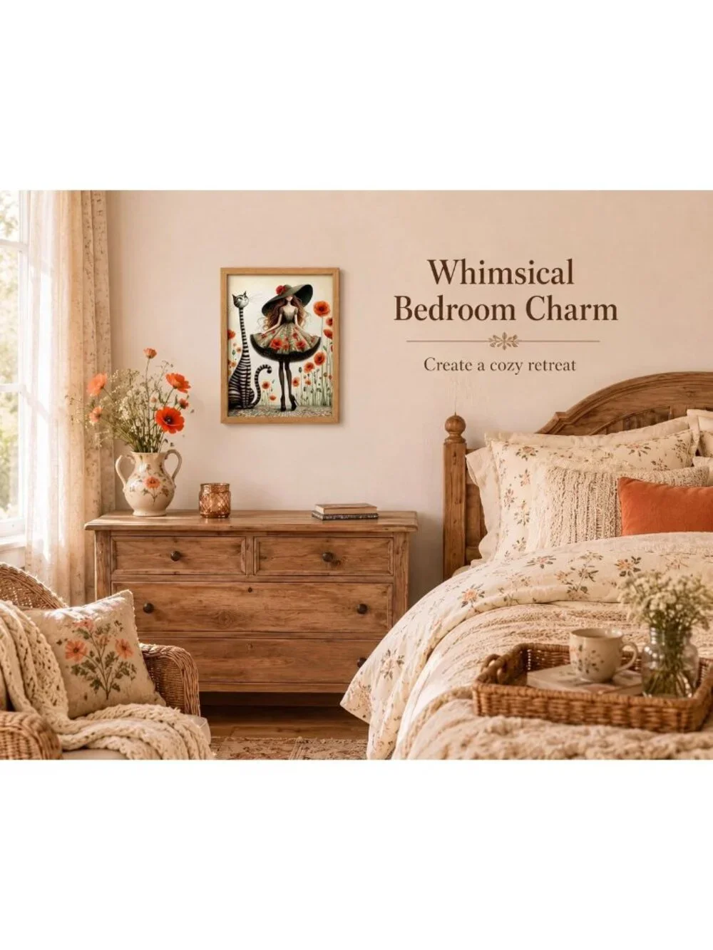 Whimsical Girl & Cat Canvas Wall Art - Brown Solid Wood Frame, 12x16in Decor